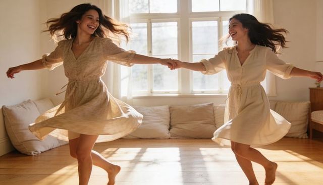 Spinning and holding hands women in sunlit minimalist living room wearing beige dresses