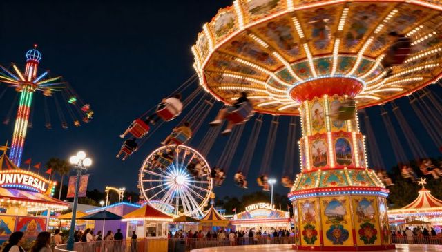 Spinning swing carousel lighting night carnival midway with ferris wheel, colorful tents