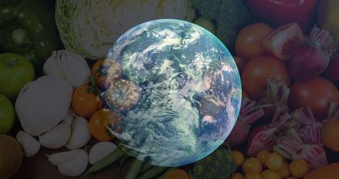 Spinning Earth Overlaid on Fresh Vegetables for World Vegan Day - Download Free Stock Images Pikwizard.com