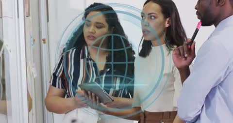 Team Collaborating with Futuristic Security Interface