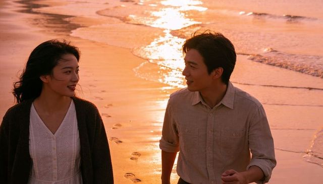 Couple walking and chatting on golden hour beach with footprints and gentle waves romantic stroll