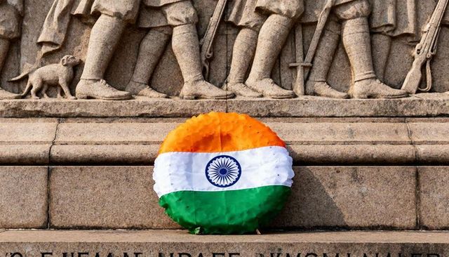 Sunlit indian tricolour wreath resting on war memorial plinth with ashoka chakra