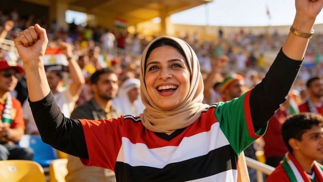 Joyful woman wearing hijab cheering in team jersey among passionate fans at stadium