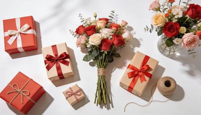 Romantic red peach rose bouquet with wrapped gift boxes and natural jute twine flatlay