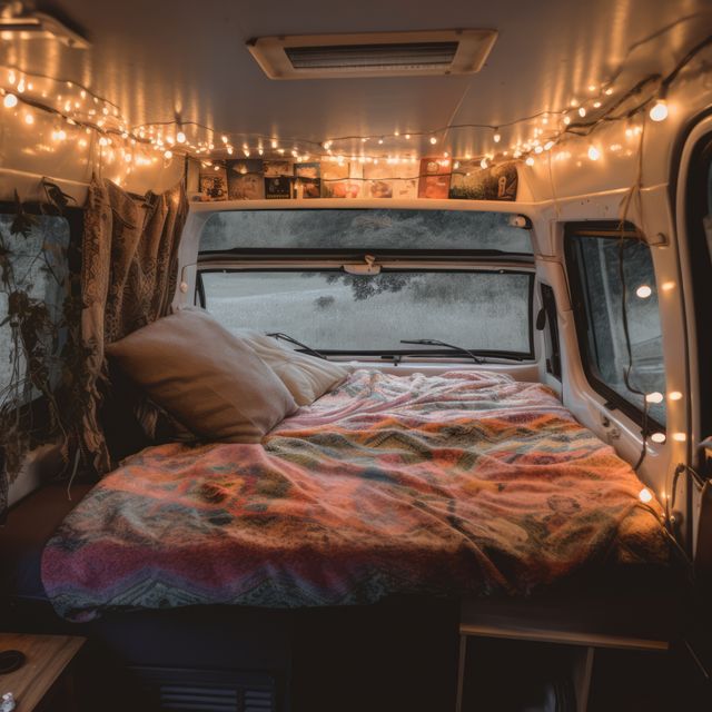 Camper van decorated with strings of fairy lights, created using generative ai technology. Lighting, interior design and home decor concept digitally generated image.