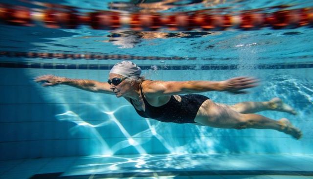 Senior swimmer gliding underwater in lap pool showing strength and technique