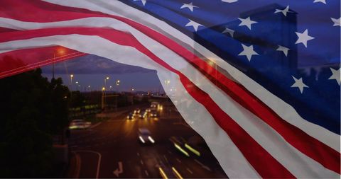 American Flag over Night Highway Traffic - Download Free Stock Images Pikwizard.com