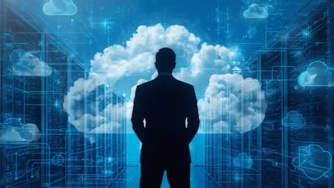 Business Leader Studying Cloud Infrastructure Visualization in Futuristic Server Corridor