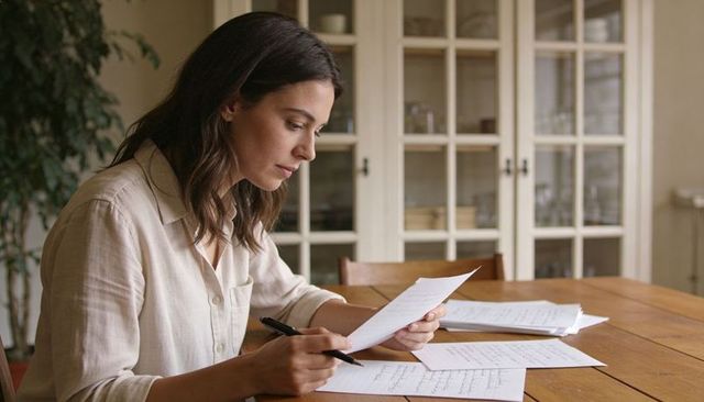 Woman reviewing handwritten notes at wooden table, annotating papers working from home