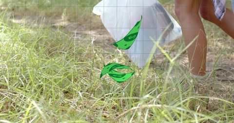 Walking bare-legged woman holding white bag with falling cash in sunlit grassy meadow