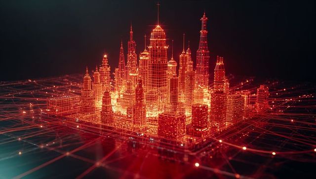 Neon wireframe holographic city model on virtual grid representing smart network systems
