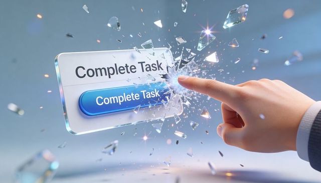 Shattering Glass Holographic Complete Task Button Tapped by Suit Hand Futuristic Interface