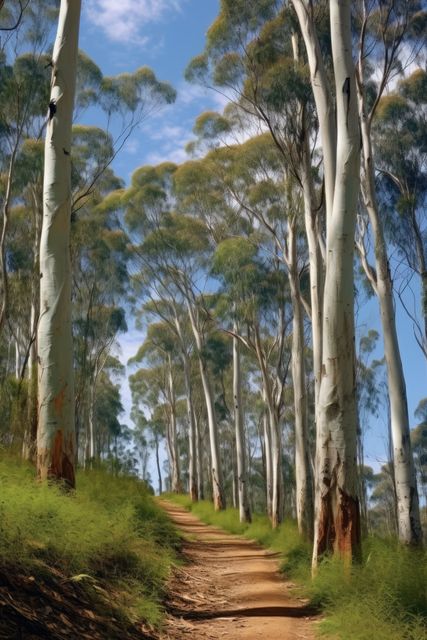 A serene dirt path winds through a tranquil eucalyptus forest. The towering trees and lush undergrowth create a peaceful outdoor setting ideal for nature walks.