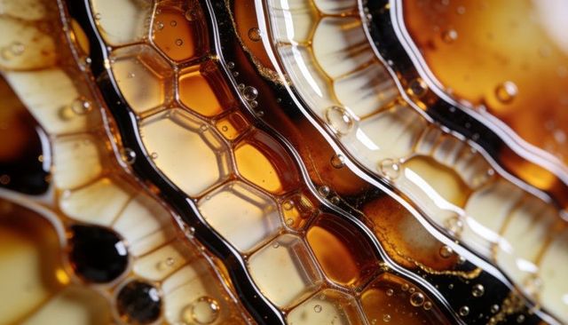 Amber honeycomb macro texture with translucent hexagon cells, bubbles and liquid reflections
