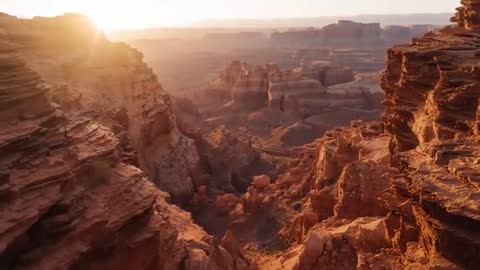 Drone Capturing Sunrise Over Red Rock Canyon Layers
