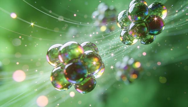 Glowing iridescent bubble clusters shimmering on soft green bokeh with light filaments