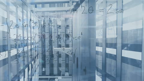 Abstract Mathematical Equations Overlay in Server Room