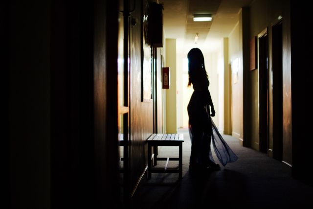 Silhouette of a woman standing in a dimly lit hallway, creating a mysterious and eerie atmosphere. The backlit effect highlights her long hair and the dim corridor. This image works well for themes related to solitude, mystery, introspection, or suspense. It can be used in literature covers, mood-setting visuals in digital content, or background elements in film thumbnails.