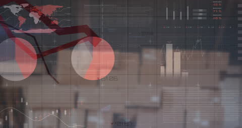 Financial Data and Graphs Overlaying Warehouse Background