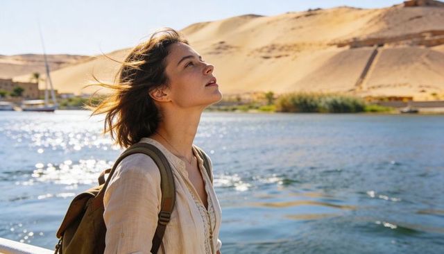 Young woman gazing across river with backpack beside golden desert dunes