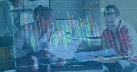 Colleagues analyzing financial data with candlestick chart