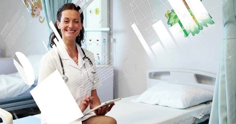 Smiling Nurse Using Tablet in Pediatric Hospital Room