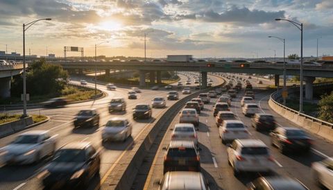 Urban freeway interchange carrying heavy commuter traffic at golden hour