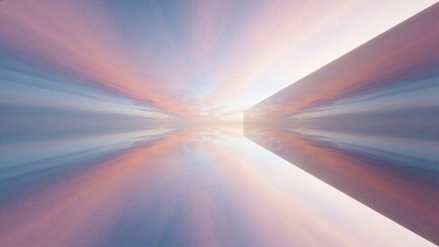 Reaching triangular prism pointing toward vanishing point in pastel sky with mirrored horizon