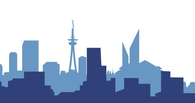 Illustration of blue silhouette urban skyline on white background, copy space. Vector, city, cityscape, built structure, architecture, buildings, infrastructure, urban skyline, city life.