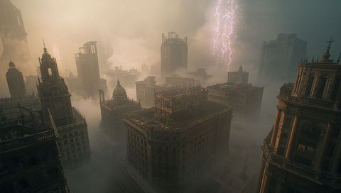 Dramatic Lightning Over Foggy Urban Landscape