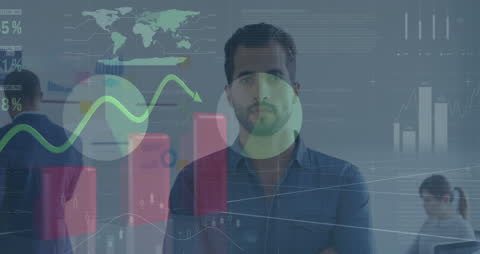 Caucasian Businessman with Financial Data and Technology Graphics