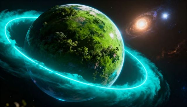 Verdant earth-like planet with glowing cyan ring and lush tree canopies in deep space