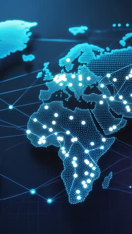 Activating Europe-Africa Digital Network with Glowing Nodes and Data Streams Vertical Tech Video