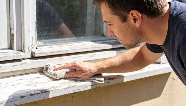 Handyman wiping weathered wooden windowsill with cloth in sunlight for home maintenance