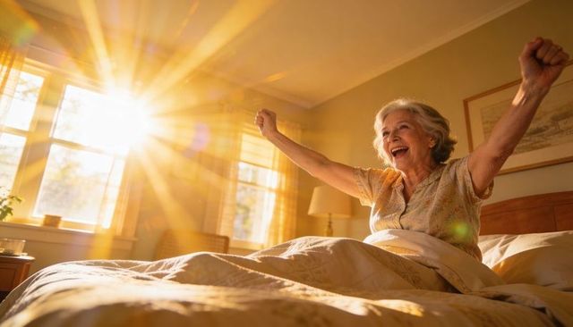 Joyful senior woman stretching in sunlit bedroom waking up to golden morning light