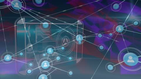 Digital Network of Data Connections with Icons over Processing Interface