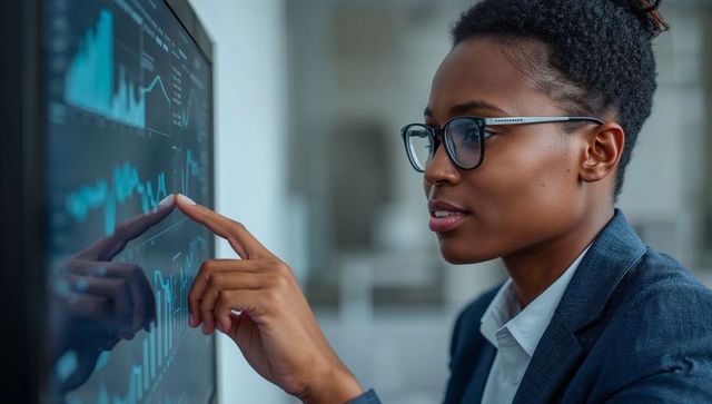 Businesswoman analyzing financial charts on wall-mounted touchscreen using real-time data analytics