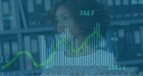 Businesswoman Analyzing Stock Data with Financial Graph Overlay