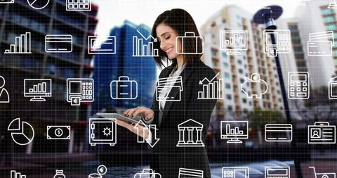 Confident Businesswoman Engaging with Digital Finance Icons