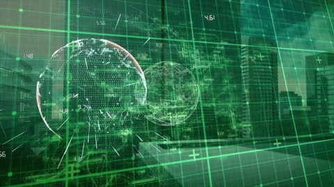 Futuristic Cityscape with Global Digital Interface Overlay