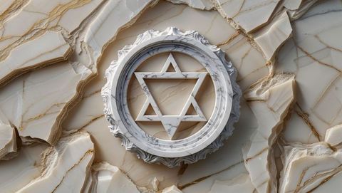 Ornate marble six-pointed star emblem on veined slabs