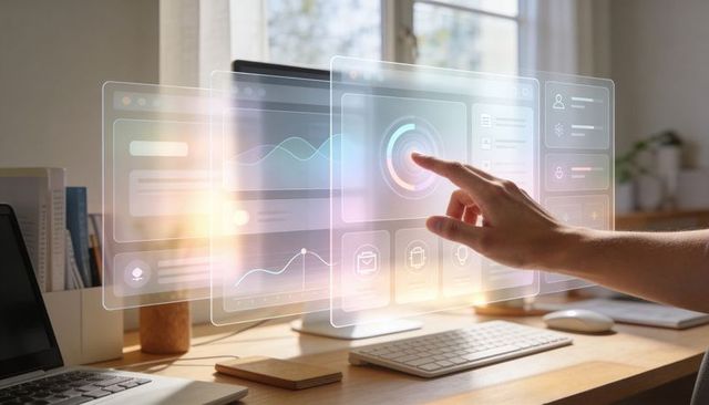 Interacting with Holographic Data Dashboard Over Minimal Home Office Desk in Sunlight