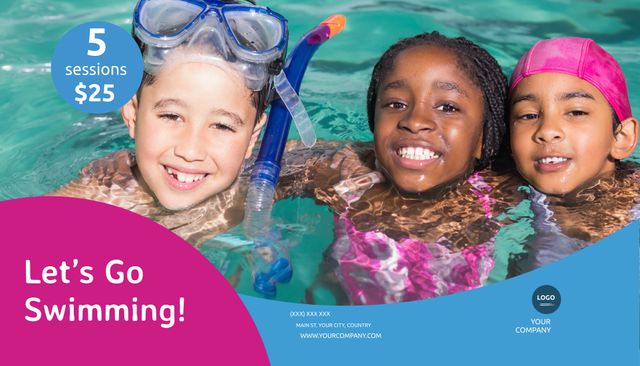 Image shows happy children enjoying swimming lessons in a pool, ideal for promoting swimming classes, kids' fitness programs, summer camps, and water-based activities.