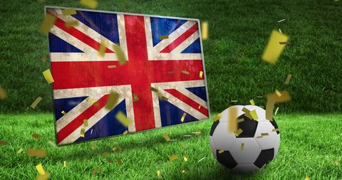 Uk flag with soccer ball and falling confetti world cup celebration