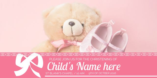 Christening Invitation with Teddy Bear and Baby Shoes on Pink Background - Download Free Stock Templates Pikwizard.com