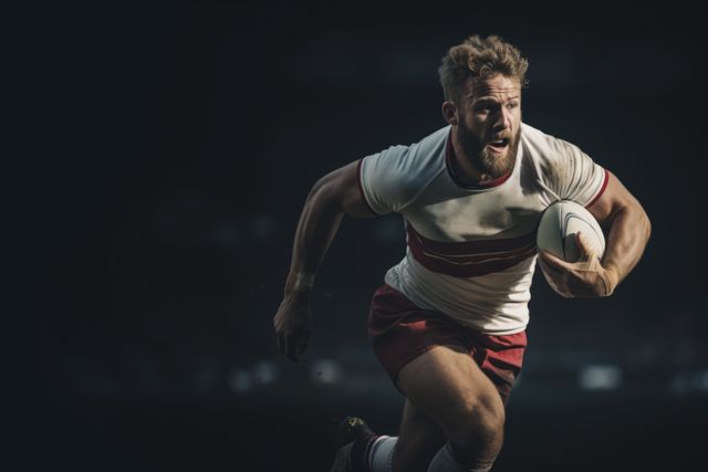 Sports stadium with rugby field and caucasian male player, created using generative ai technology. Rugby, sports and competition concept digitally generated image.