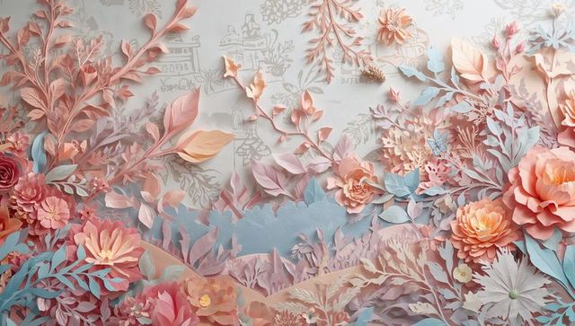 Layered paper floral mural featuring roses peonies mums in pastel coral blush palette