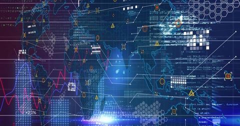 Global data network visualizing analytics with glowing hex grid and waveform overlays