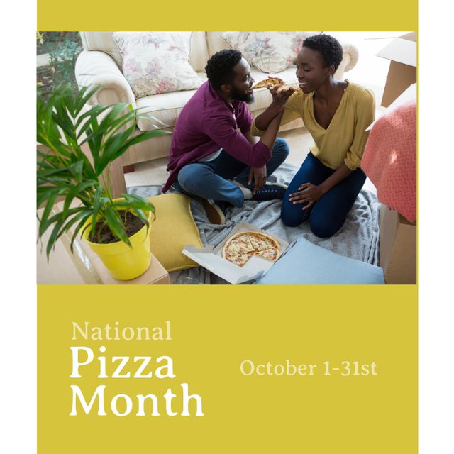 Composite of african american couple having pizza at home and national pizza month, october 1-31st. Text, copy space, love, togetherness, happy, pizza, food, enjoyment and celebration concept.