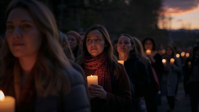 Candlelight Vigil at Dusk with Women Holding Pillar Candles, Centered Woman in Red Scarf